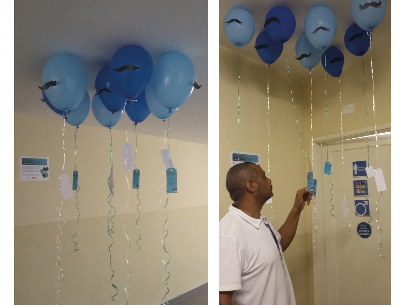 (descrição da imagem: Fotos da decoração do prédio do CEDEPS com bexigas azuis com bigodes, homem lendo mensagem amarrada na extremidade da bexiga)